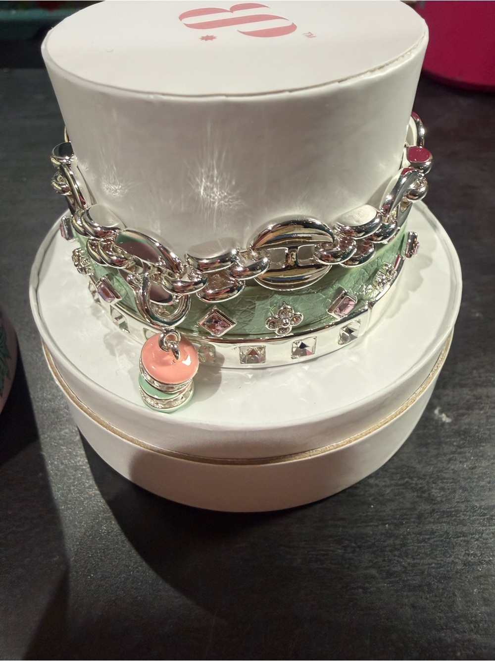 Silver Chain Bracelet with Mint Leather and Pink Charm